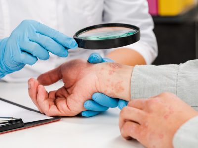 A,Dermatologist,Wearing,Gloves,Examines,The,Skin,Of,A,Sick